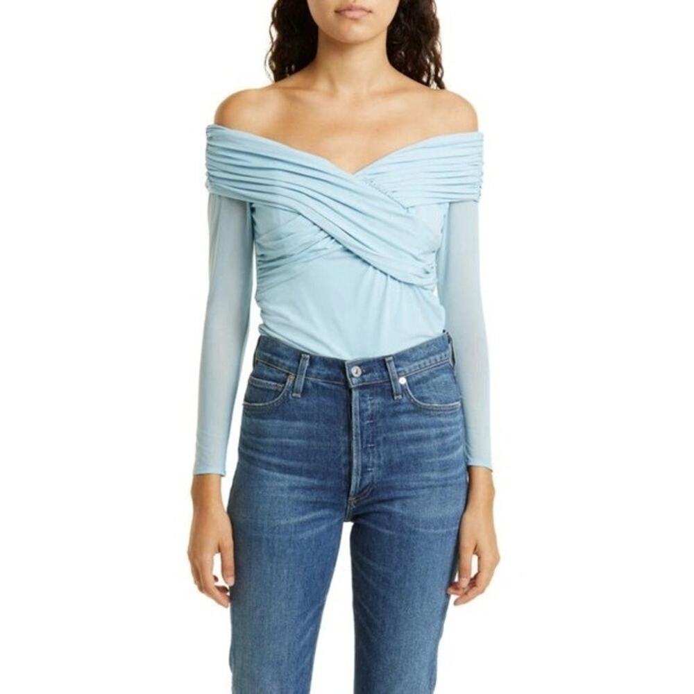 Self Portrait Light Blue Ruched Mesh Jersey Crossover Long Sleeve Top Size 0 - Picture 1 of 7